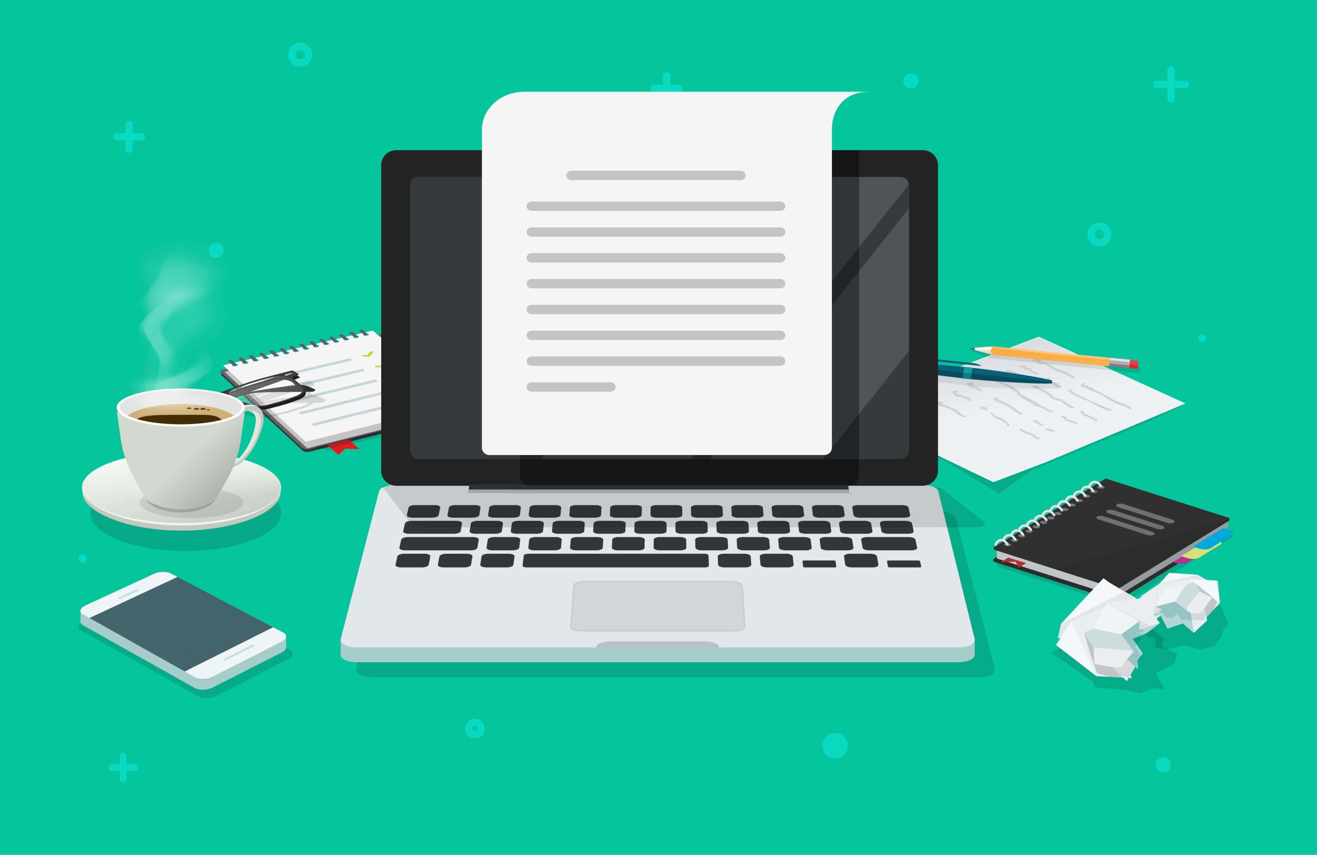 illustrazione del concetto di web content editor con scrivania con su appoggiato un laptop, smartphone, tazza di caffè e fogli