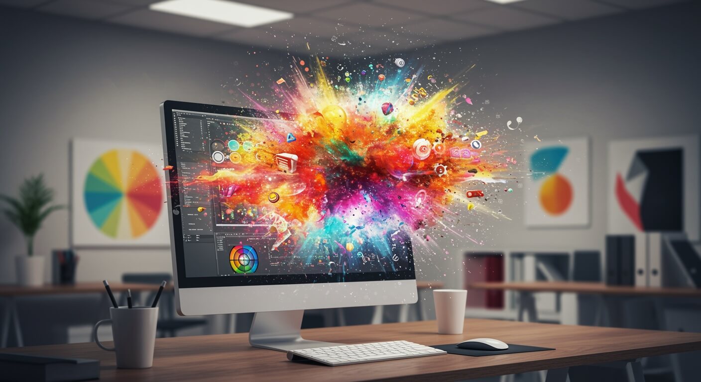 shutterstock_2591691059 colori esplodono da monitor di computer per rappresentare esercizi graphic design online