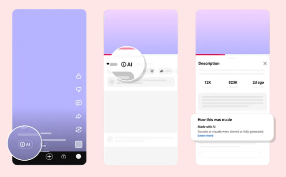 immagine che mostra la nuova posizione dell'etichetta di contenuti generati tramite tool AI sui video youtube: per i video in formato lungo, l’etichetta apparirà direttamente sotto il player e sopra la descrizione. Per gli Shorts, invece, l’etichetta comparirà direttamente all’interno del video come overlay sovrapposto al contenuto