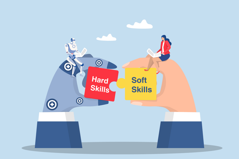 shutterstock_2687037239 Una mano robotica e una mano umana uniscono due pezzi di puzzle con le scritte "Hard Skills" e "Soft Skills"